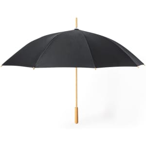 A black umbrella with a bamboo handle and ribs, featuring a solid colour canopy and a simple design.