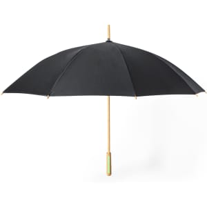 A large black umbrella with a wooden handle and wooden accents, featuring a simple design and a central pole.