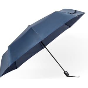A navy blue umbrella with a curved handle and a logo, featuring a large canopy for shade and protection.