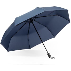 A navy blue umbrella with a black handle and a compact design, featuring a logo. Ideal for leisure and outdoor use.