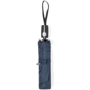 A navy blue umbrella with a black handle and a strap, secured with a band. It features a logo on the handle.