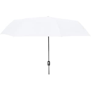 A white umbrella with a black handle and a logo. Designed for outdoor leisure use.