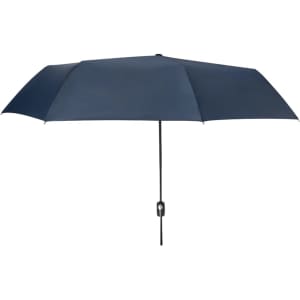 A navy blue umbrella featuring a sleek design and a button mechanism, with a plain cover and a black handle.