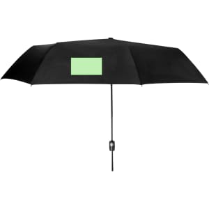 A black umbrella with a green panel, featuring a logo on the handle. Ideal for leisure and outdoor activities.