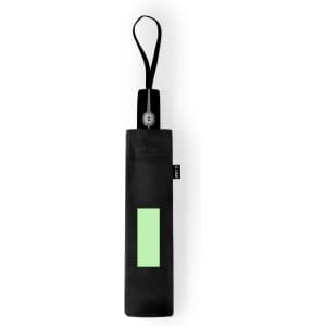 A black umbrella with a light green panel and a strap for easy carrying. The product features a logo.