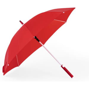 A red umbrella with a white handle and a black grip, featuring a logo on the canopy.