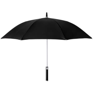 A black umbrella with a white pole and a handle, featuring a simple design and a branding logo.