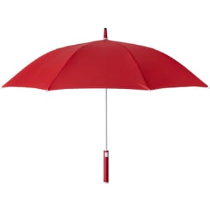 A red umbrella with a white handle and a simple design, featuring a logo on the handle.
