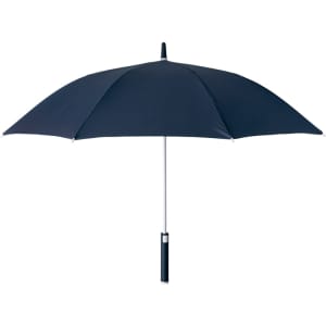A navy blue umbrella with a white handle and a central peak, featuring a branding logo.