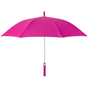 A pink umbrella with a white handle, featuring a logo on the handle.