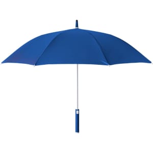 A blue umbrella with a white handle and a top spike. It features a logo on the handle.