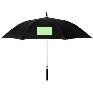 A black umbrella with a light green section, featuring a handle and metal frame.