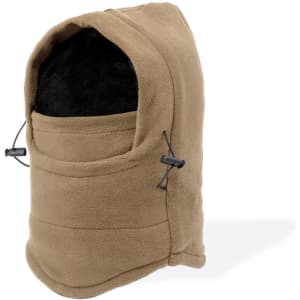 A brown fleece neck warmer and hat with an adjustable drawstring, featuring a soft interior lining.