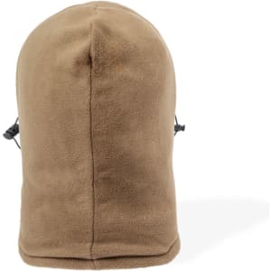 A fleece neck warmer and hat in a tan colour, featuring adjustable toggles and a simple design.
