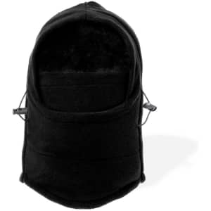 A black neck warmer and hat made of soft fabric, featuring adjustments for a snug fit and a brand logo.