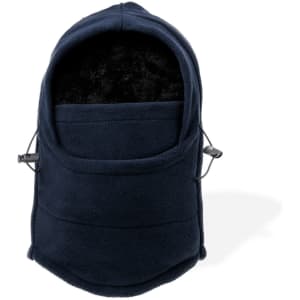 A navy blue neck warmer and hat combination made from soft fleece, featuring an adjustable drawstring and a pocket.