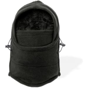 A black fleece neck warmer and hat combination featuring a soft inner lining and adjustable straps.