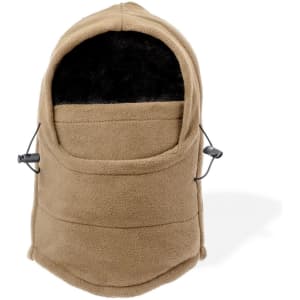 A tan neck warmer and hat made of soft fleece, featuring a pocket and adjustable drawstrings.