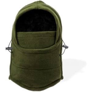 An olive green neck warmer and hat combo, made of soft fleece with adjustable toggles and a pocket.