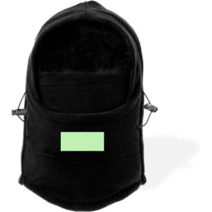 A black neck warmer and hat made of fleece, featuring a green patch and adjustable toggles.