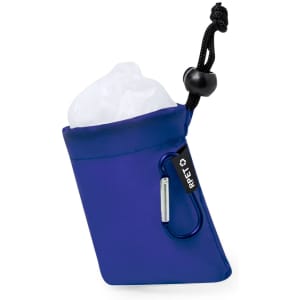 A compact blue pouch with a clip, containing a white item inside and featuring a drawstring closure.