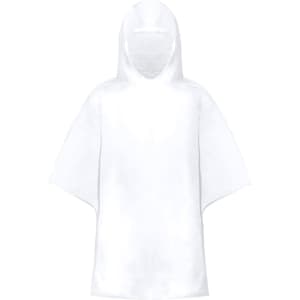 A white poncho with a hood, designed as a raincoat, featuring a simple, unadorned design.