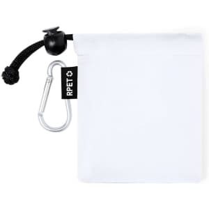 A white pouch with a drawstring and a carabiner clip, featuring a small logo.