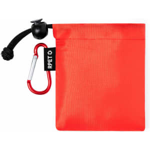 A red pouch with a black drawstring and a silver carabiner, featuring a logo tag.
