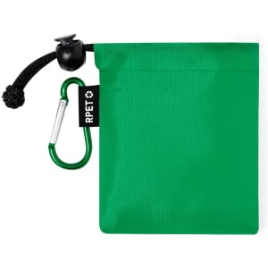A green pouch made from RPET with a drawstring closure and a carabiner clip attached.