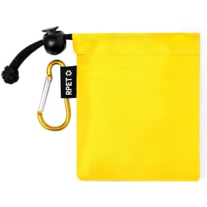 A yellow pouch with a drawstring closure and a carabiner, featuring a logo on the side.