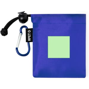 A vibrant blue pouch with a drawstring and carabiner, featuring a plain green square on the front.