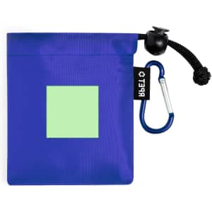 A blue pouch with a green square, featuring a black drawstring and a blue carabiner attached. It has a logo.