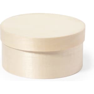 A round, light wooden gift box with a smooth finish and a matching lid, featuring a sleek, minimalist design.