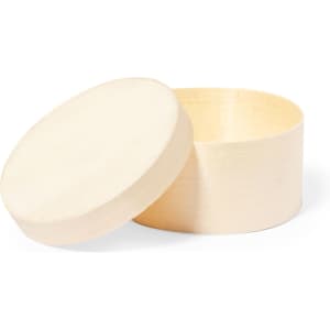 A beige wooden gift box with a removable lid, featuring a smooth finish and circular shape.