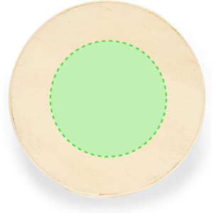 A round wooden coaster with a pale green center and a natural wood border. It features a logo.