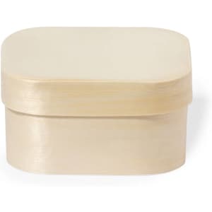 A small, oval-shaped gift box in a light beige colour with a smooth finish, featuring a simple design and a lid.