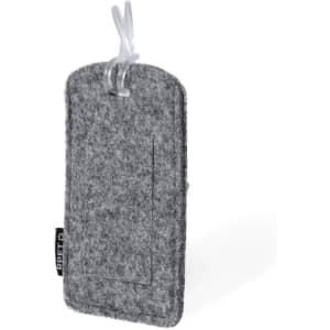 A grey felt luggage tag with a clear loop for attachment and a pocket for identification.