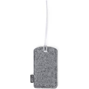 A grey luggage tag with a clear strap and a logo label on the side.