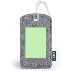 A grey luggage tag with a transparent identification window and a loop for attachment. It features a logo label on the side.