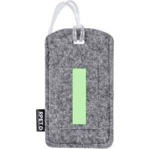 A grey felt luggage tag featuring a green identification window and a white strap, with a branding label.