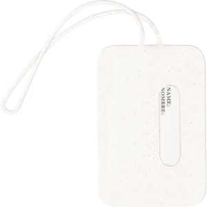 A white luggage tag with a clear slot for a name and a loop for attachment. It has a textured finish.