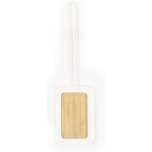 A luggage tag featuring a wooden centre with a white border and a long strap for attachment.