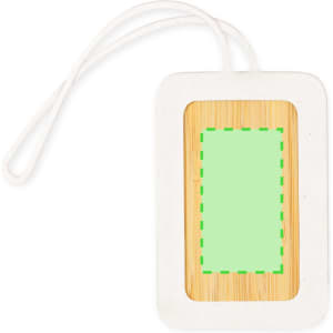 A luggage tag featuring a white frame and a bamboo centre, with a clear area for personalisation.