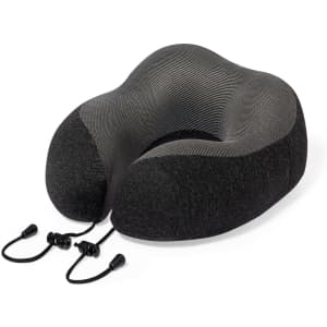 A black and grey travel pillow with a contoured shape and adjustable cords for support. It features a logo.