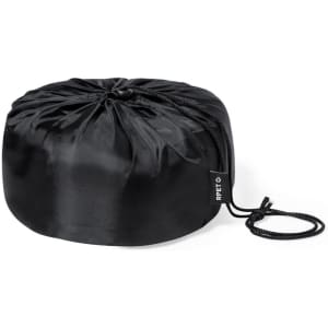 A black satin pillow with a drawstring closure, featuring a subtle logo.