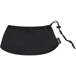 A black drawstring pouch with a toggle closure and a small branding label.