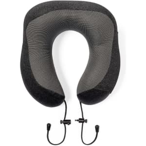 A black and grey neck pillow with a U-shape and adjustable cords for comfort. It features a logo on the surface.