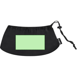 A black pouch with a green rectangular area and a drawstring closure, featuring a branding tag.