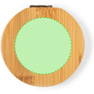 A round bamboo container with a green circular insert. Features a clasp for closure and includes a logo.