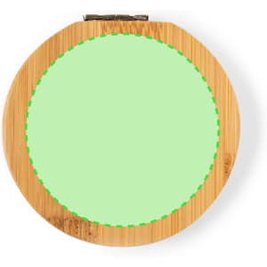 A circular bamboo sewing kit with a mint green interior, featuring a clasp closure and a circular design.